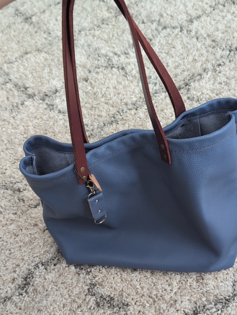Blue Leather Tote Bag with Brown Straps - hand Made